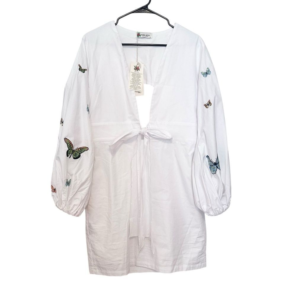 Fanm Mon Cotton Butterfly Puff Sleeve Mini Dress Size L New
